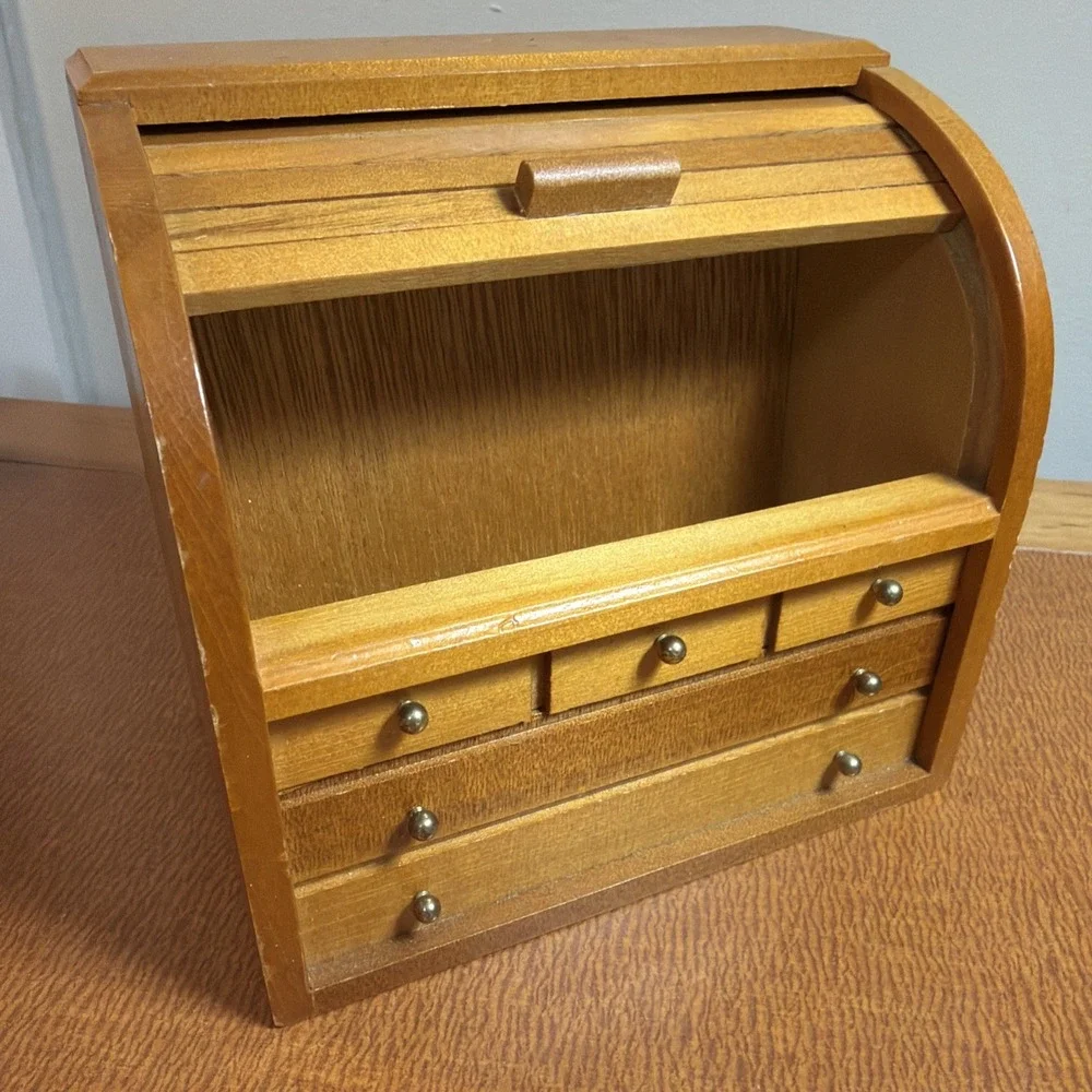 Vintage Wooden Roll Top Jewelry Box Mini Desk Organizer Drawers Made in Taiwan